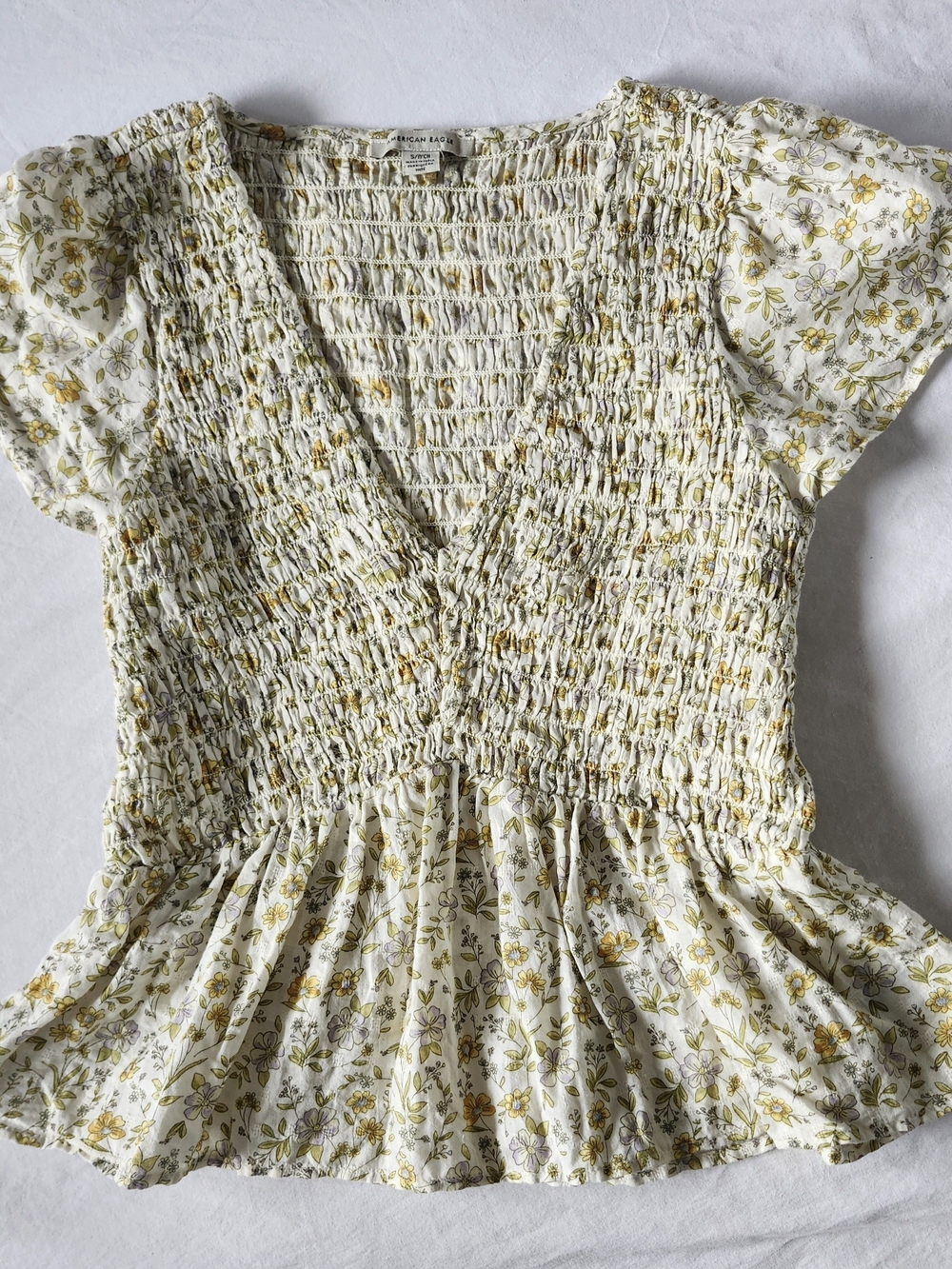 American Eagle Yellow Floral Smocked Peplum Top